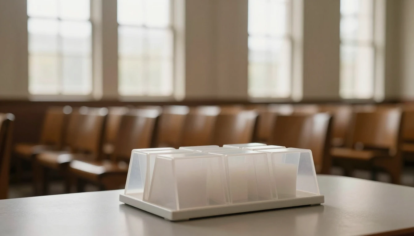 A church lobby name-badge station with folded chairs in the background before Sunday service, soft morning light