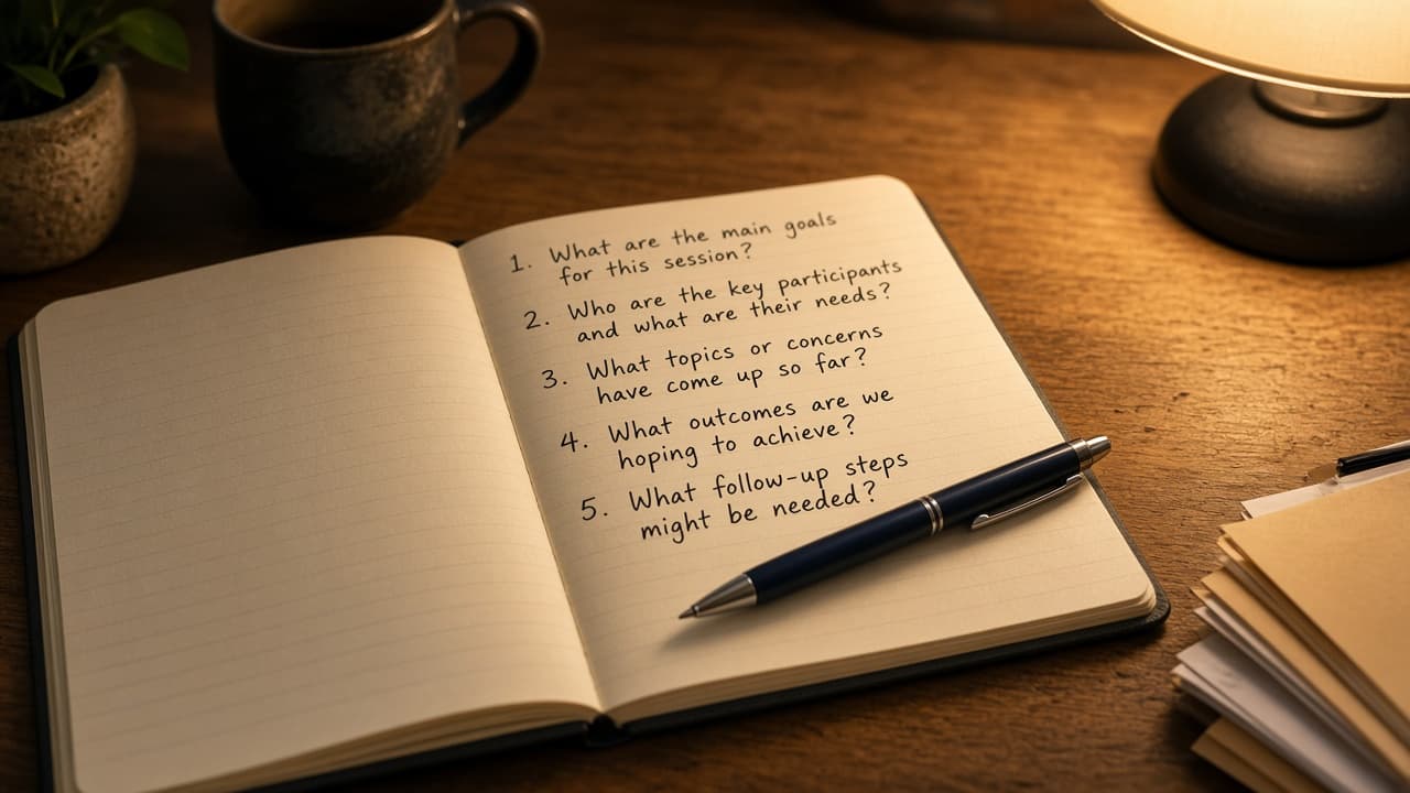 A coordinator's open notebook with handwritten numbered questions visible, a pen resting across the page