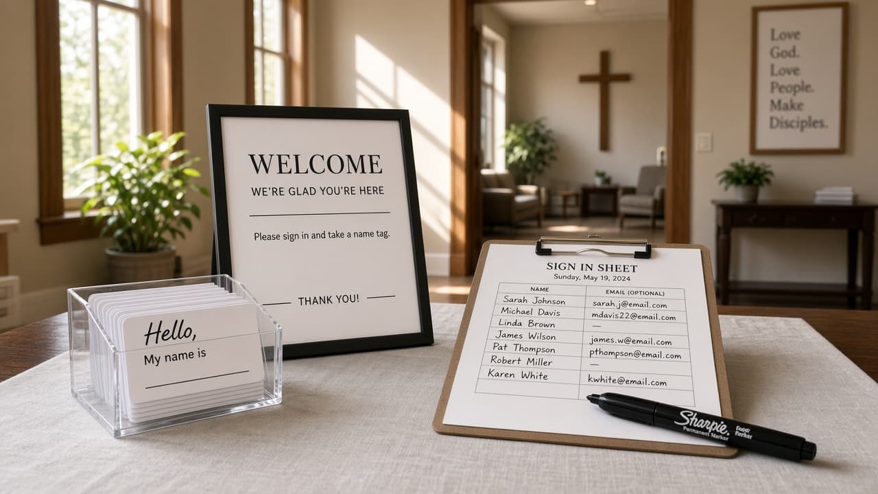 A name badge station in a church lobby — name tags in a holder, a Sharpie, a printed sign-in sheet, morning light