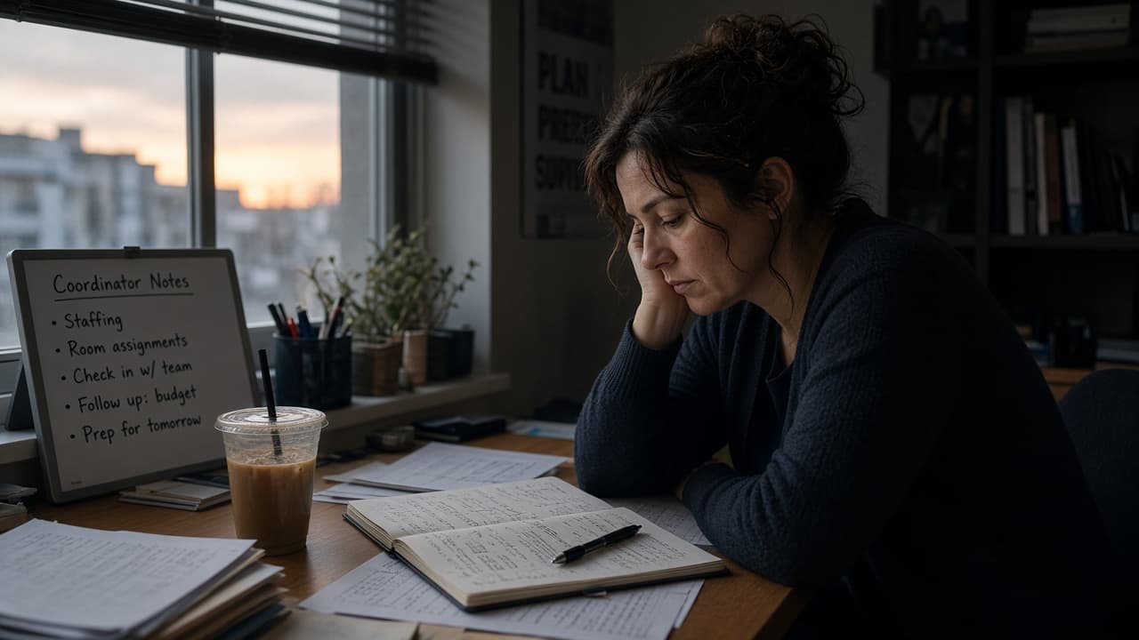 A coordinator sitting at a desk late in the day, head resting on one hand, tired but thoughtful, window light fading