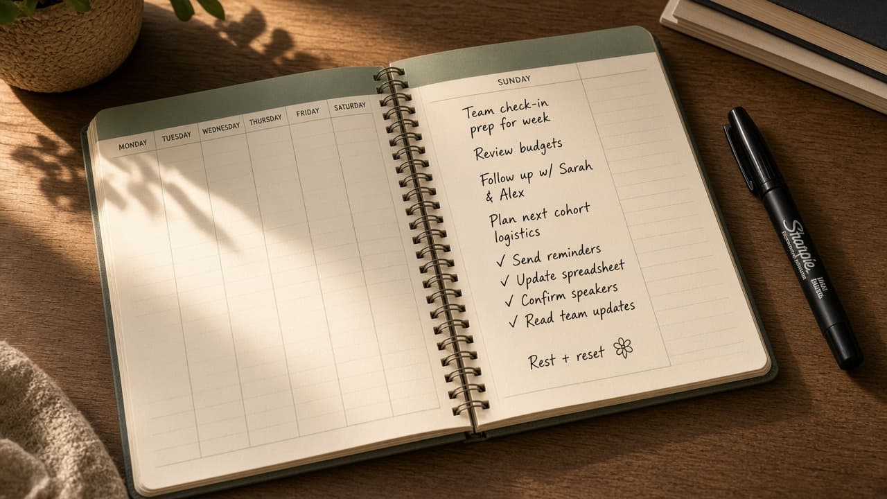 A coordinator's open planner with Sundays filled with handwritten notes, a Sharpie nearby, warm morning light