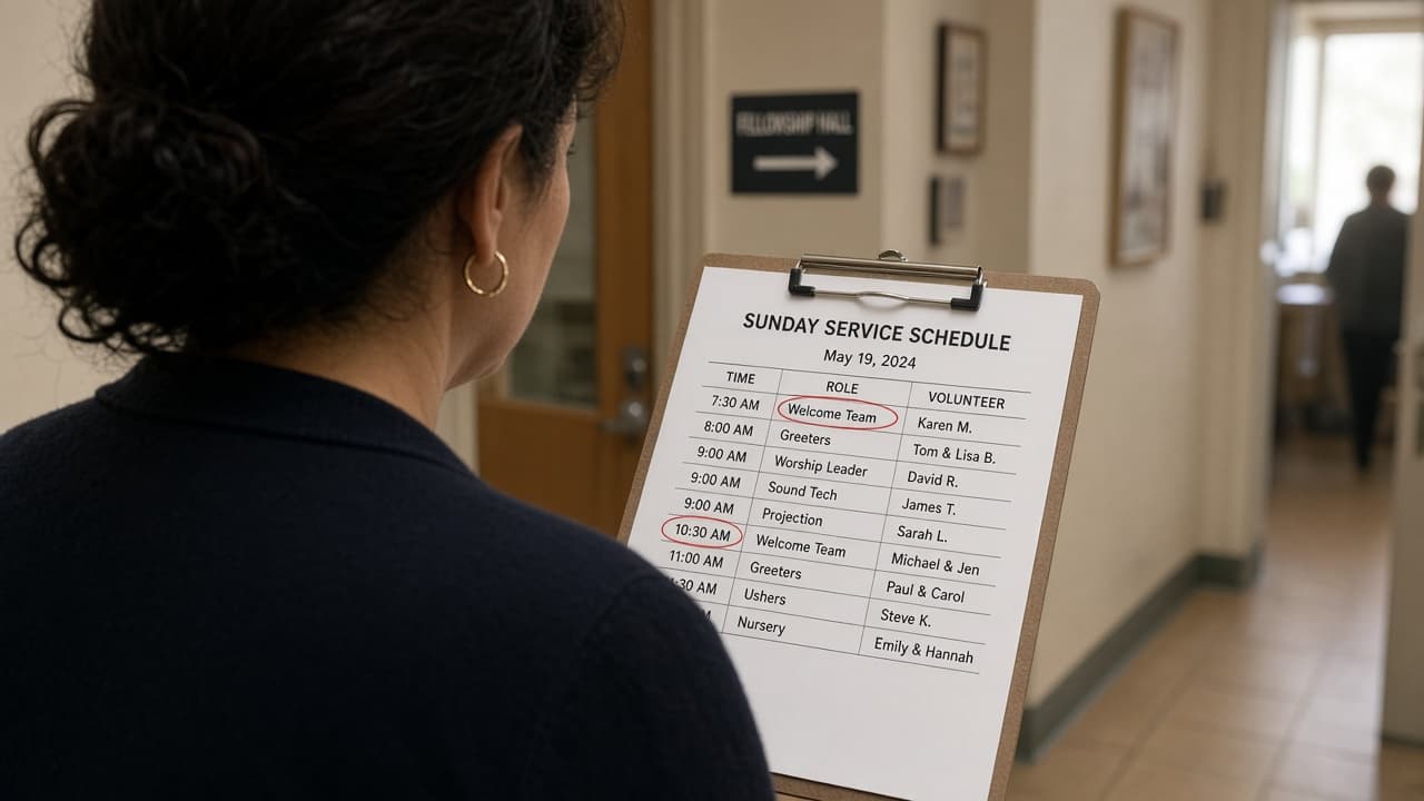 Over-the-shoulder view of a coordinator reviewing a printed schedule on a clipboard, one name circled in red pen