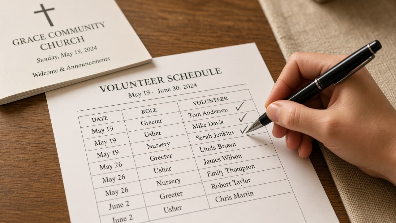 A hand writing checkmarks next to names on a printed volunteer schedule, church bulletin nearby, warm natural light