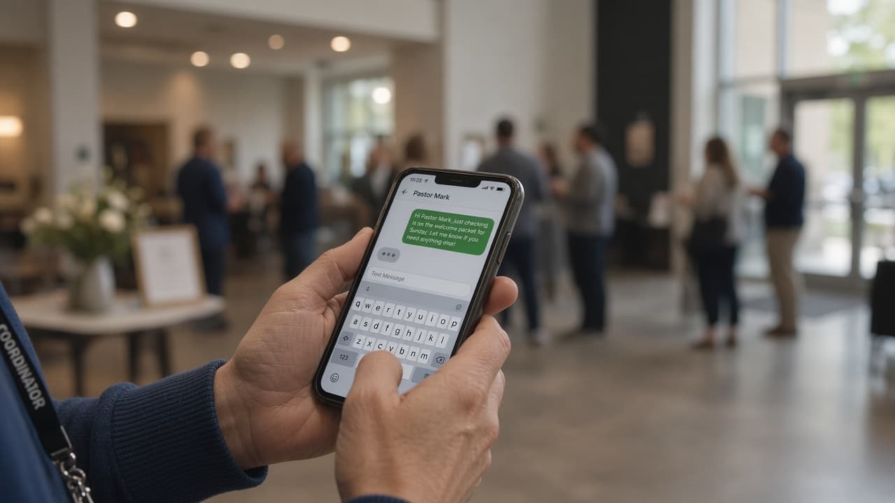 A coordinator's hands holding a smartphone composing a text message, church lobby softly out of focus behind them