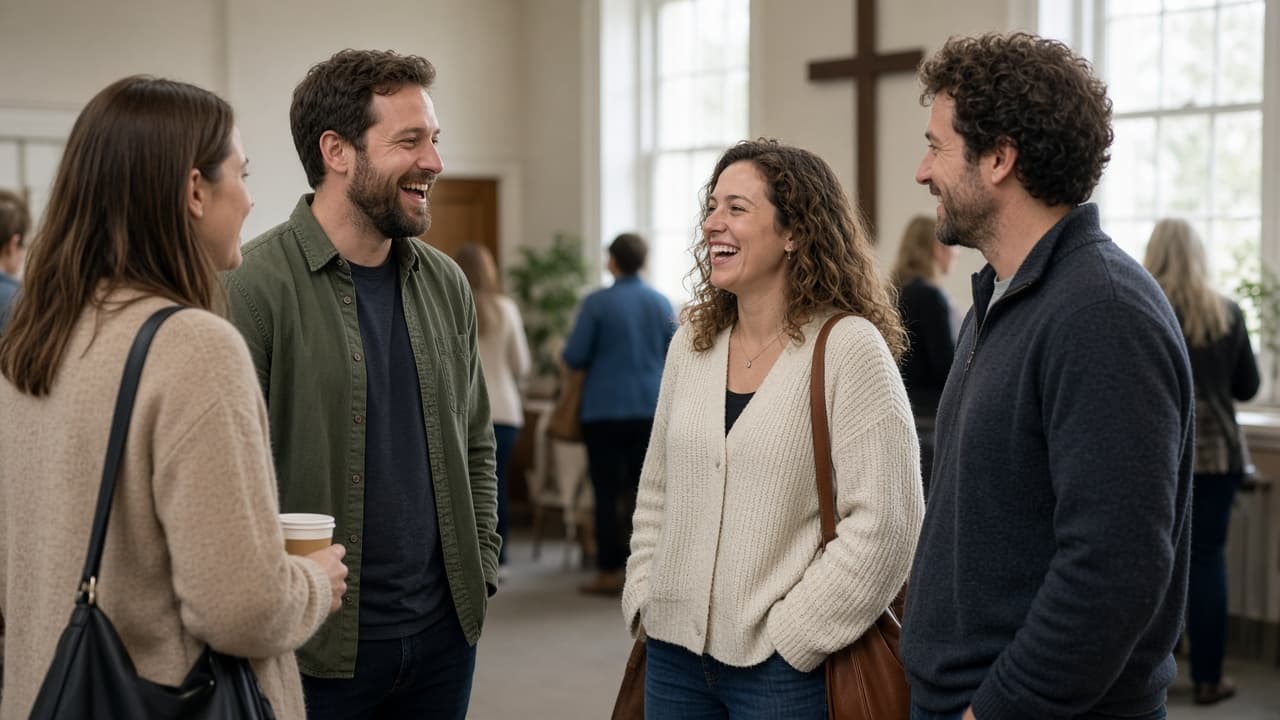 A small group of church volunteers talking and laughing together in a church lobby after a Sunday service