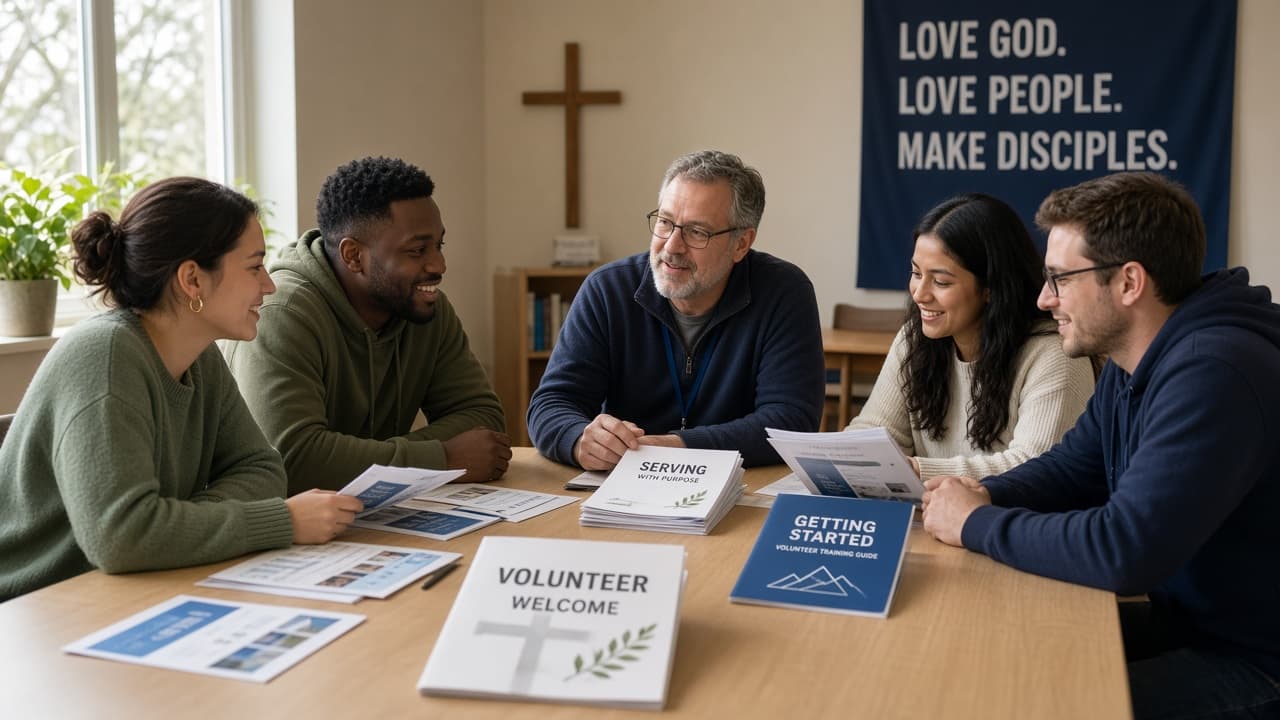 New volunteers sitting around a table with a ministry leader, printed materials in front of them, leaning in and engaged