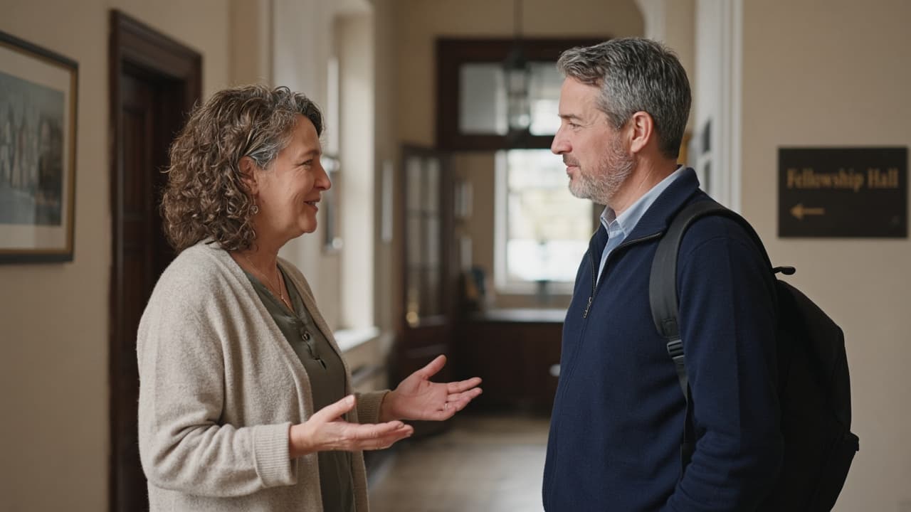 Two people in a church hallway mid-conversation, one gesturing warmly, genuine connection, natural light