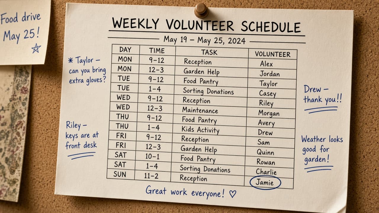 A printed volunteer schedule pinned to a bulletin board with handwritten notes in the margins, one name circled