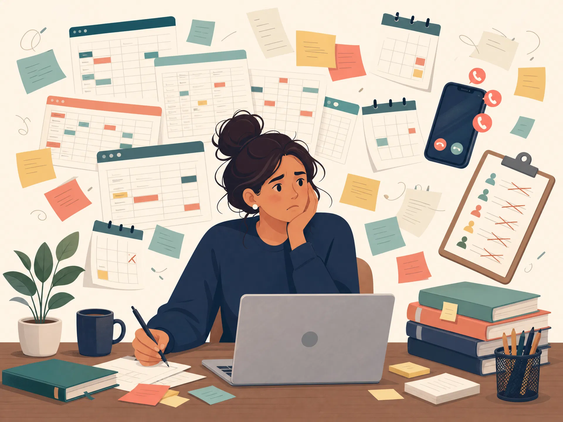 A volunteer coordinator overwhelmed by spreadsheets, sticky notes, and missed calls — the old way of managing church volunteers