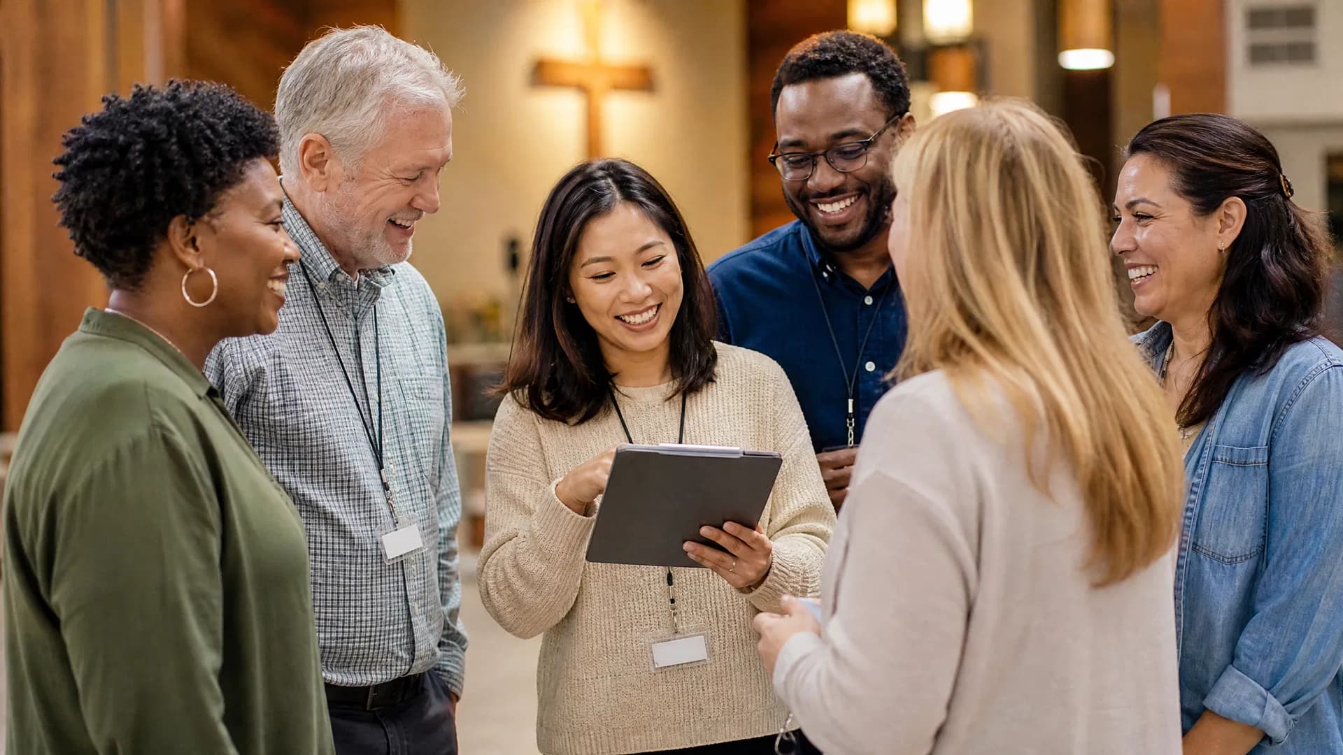 A diverse group of church volunteers gathered together before Sunday service