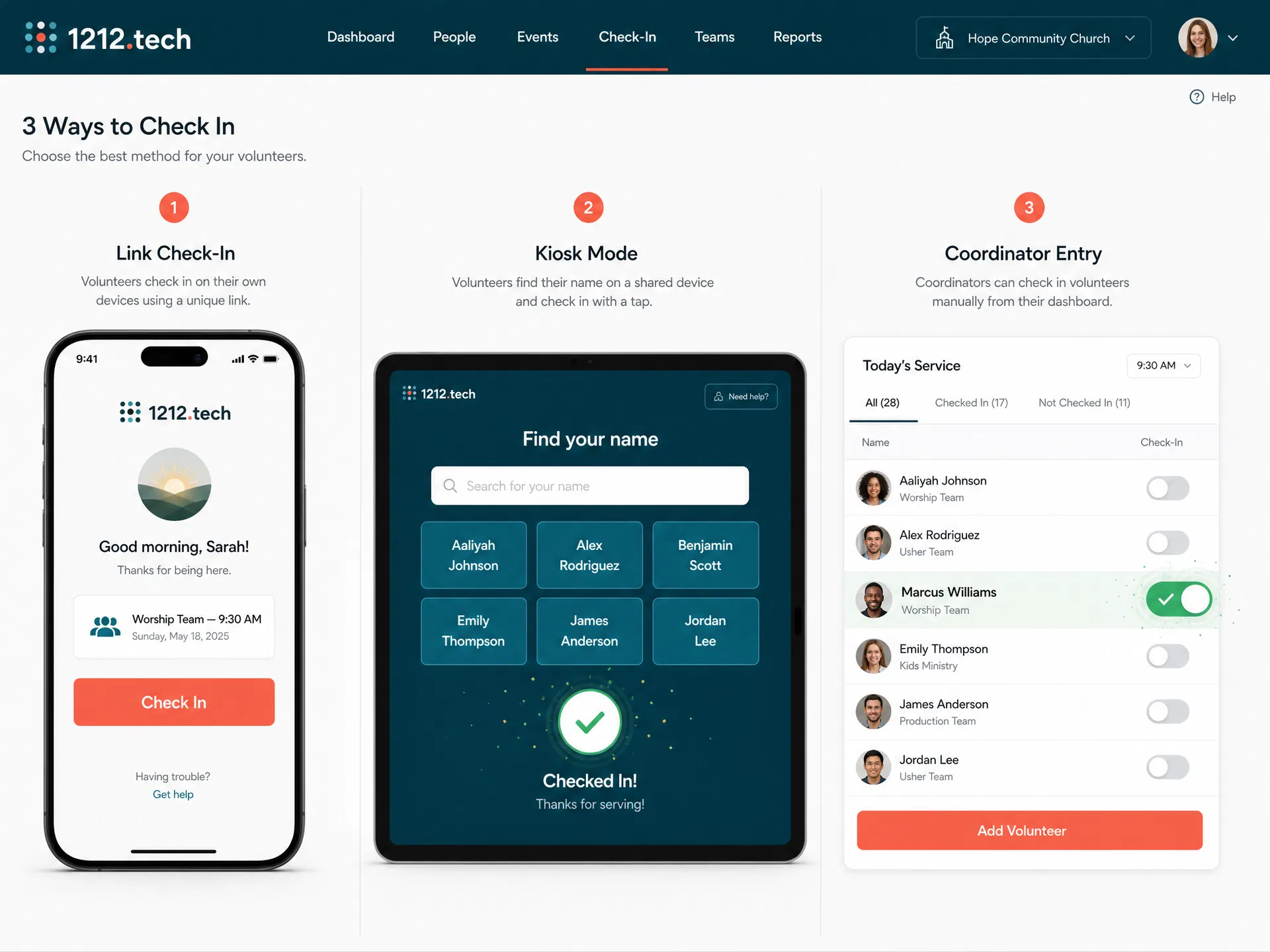 Three check-in modes: link-based mobile check-in, tablet kiosk mode, and coordinator manual entry