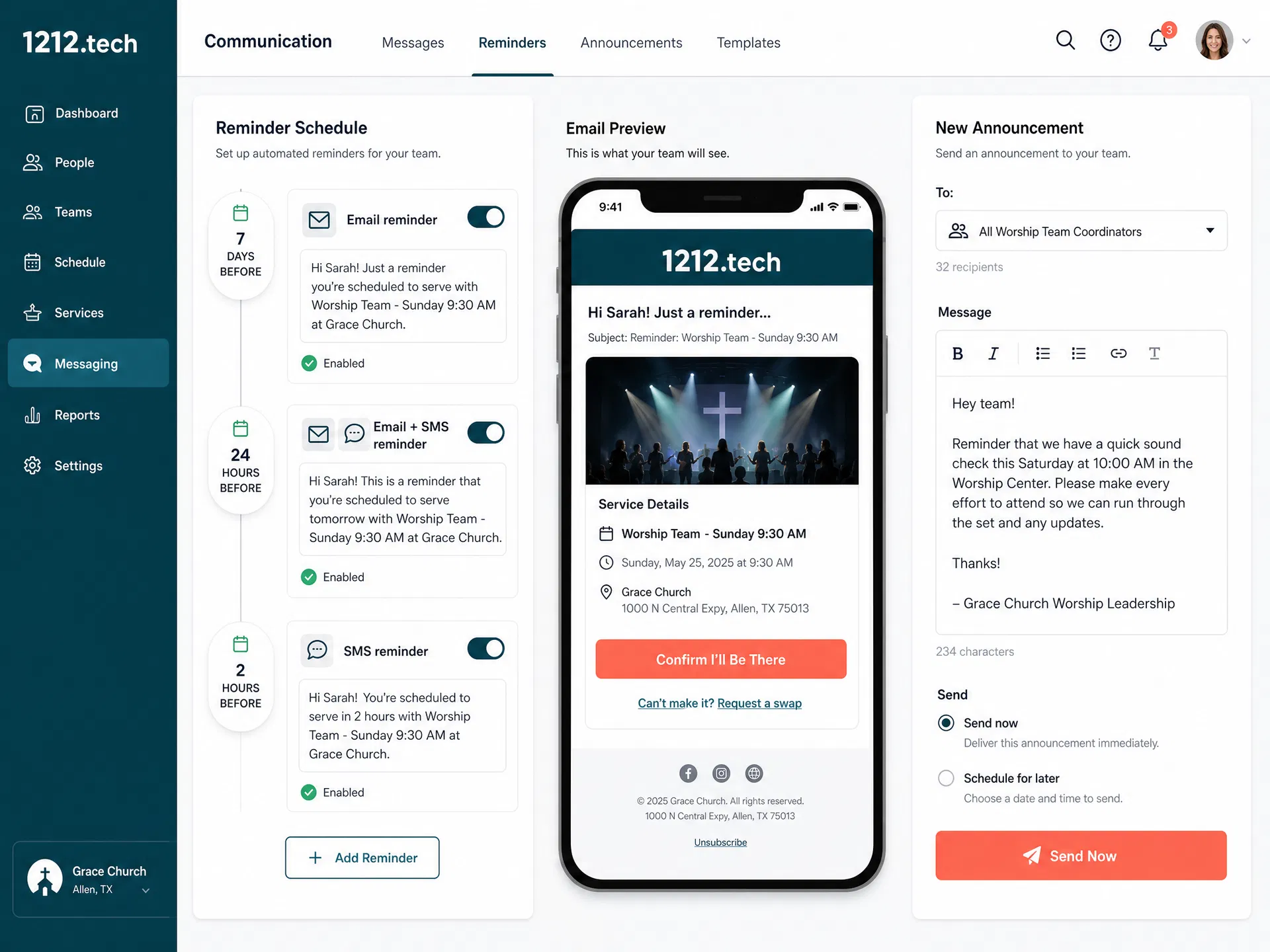 Communication settings showing reminder schedule timeline, email preview, and broadcast announcement composer