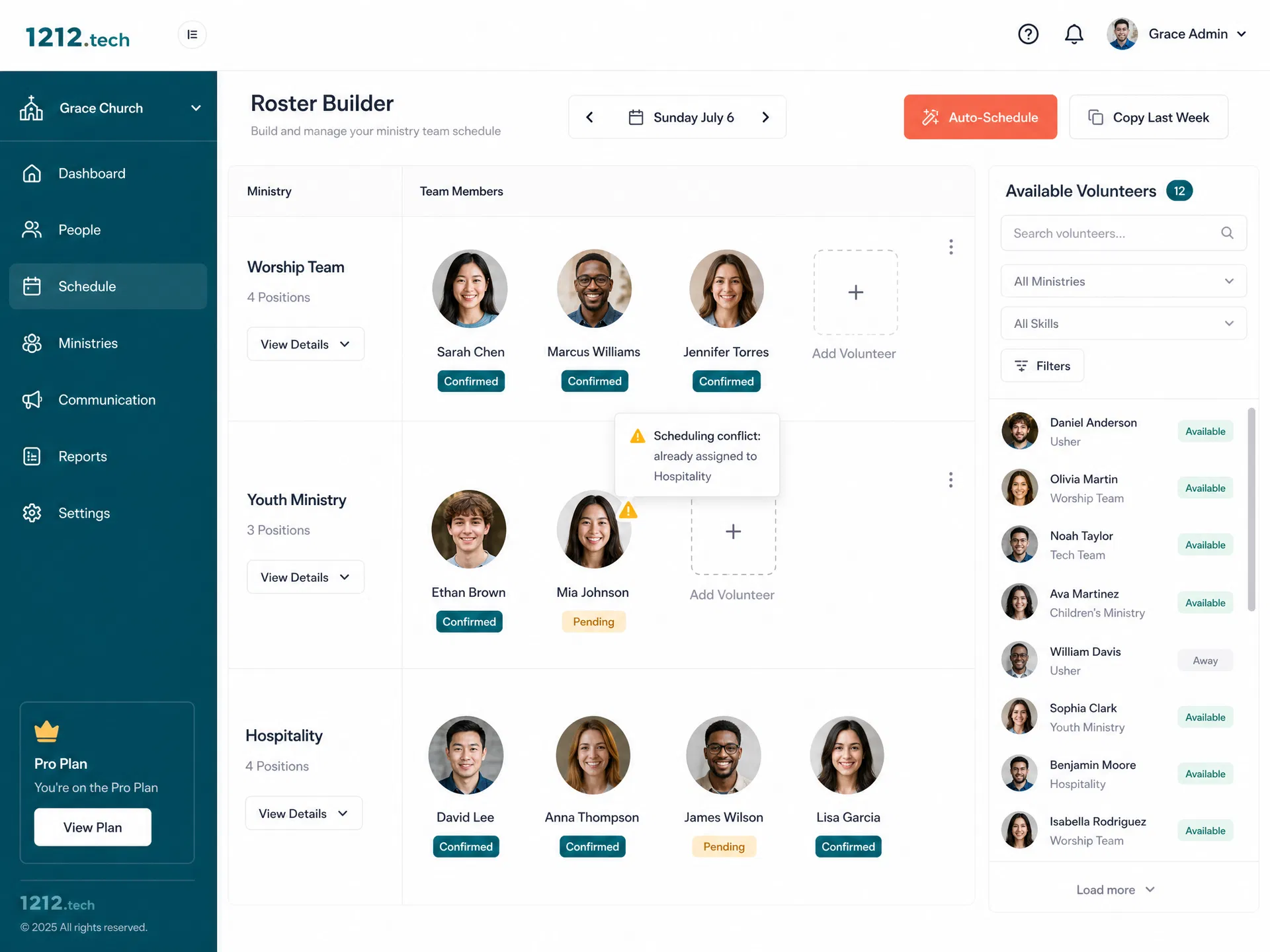 Roster builder showing weekly schedule grid with volunteer slots, auto-scheduler button, and conflict detection