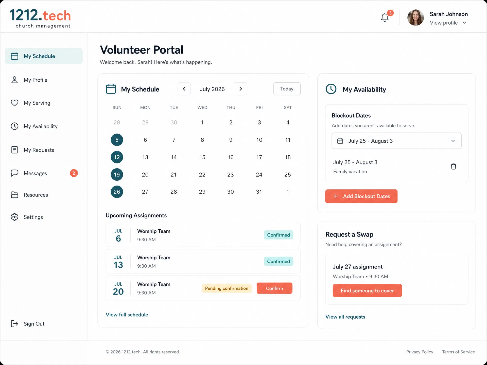 Volunteer self-service portal showing personal schedule calendar, blockout dates, and swap request interface