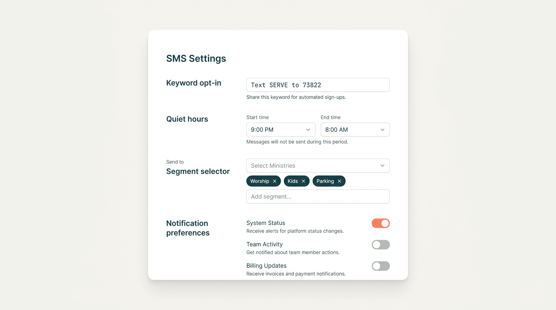 SMS platform settings showing keyword opt-in flow, quiet hours schedule, segment blast composer, and per-volunteer notification preferences