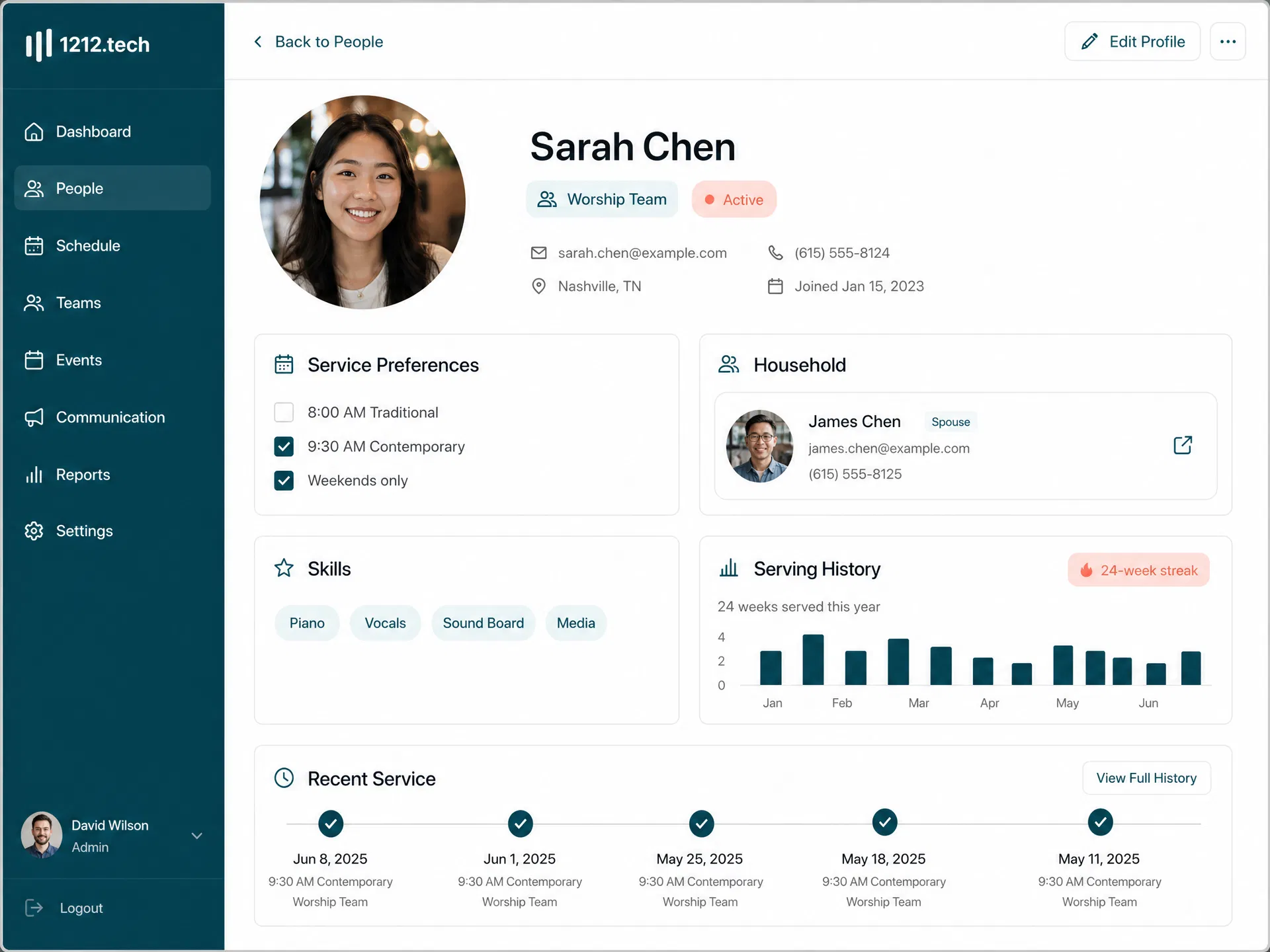 Volunteer profile page showing service preferences, household linking, skills, and serving history