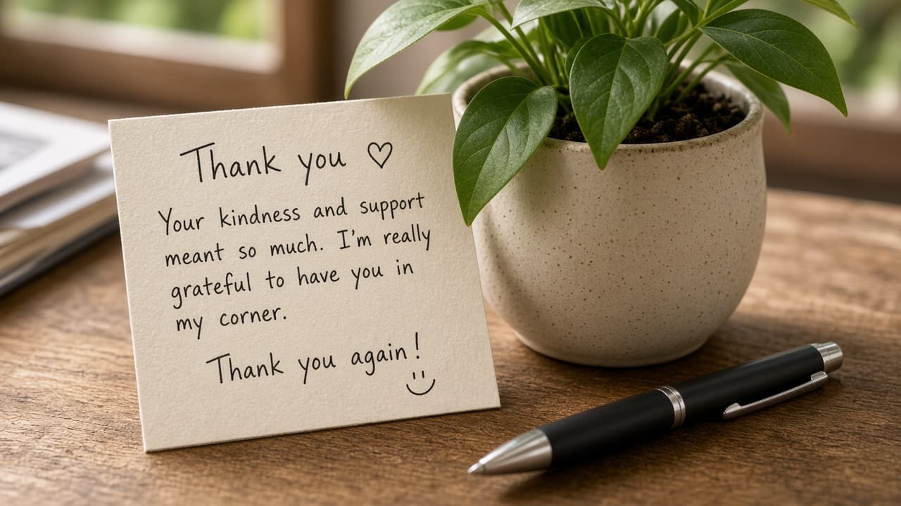 A handwritten thank-you card propped against a small potted plant on a desk, a pen beside it
