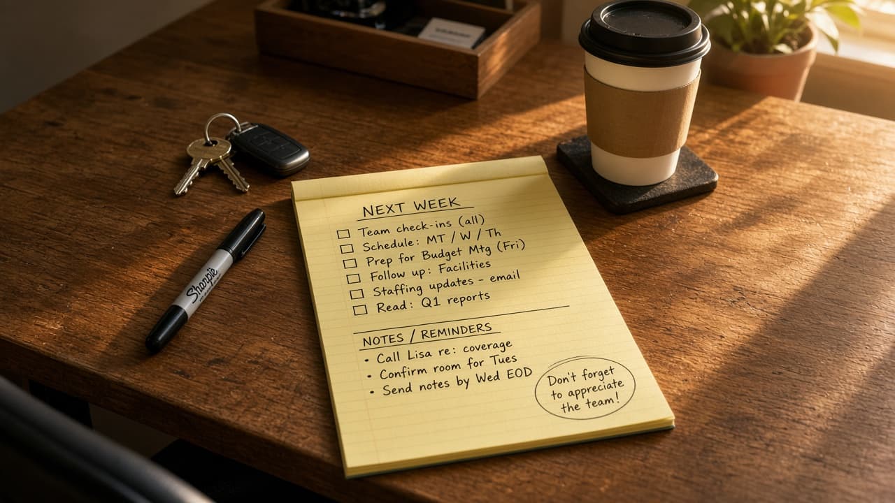 A coordinator's desk at end of Sunday — keys, a Sharpie, cold coffee, handwritten notes on a yellow legal pad
