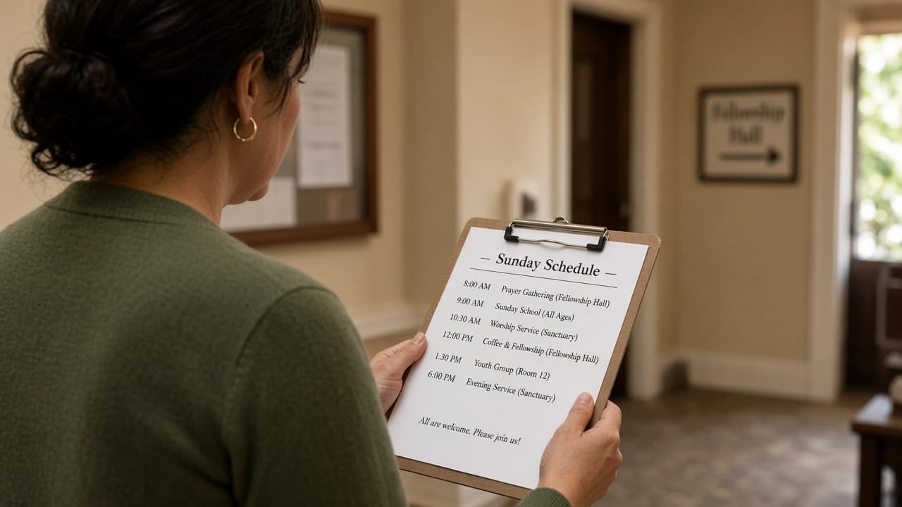Over-the-shoulder view of a coordinator reviewing a printed schedule on a clipboard in a church hallway